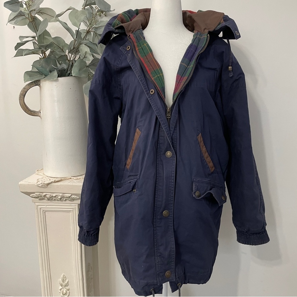 VINTAGE Tactical Utility Navy Plaid Hooded Puffer Zip Up Oversized Jacket Coat